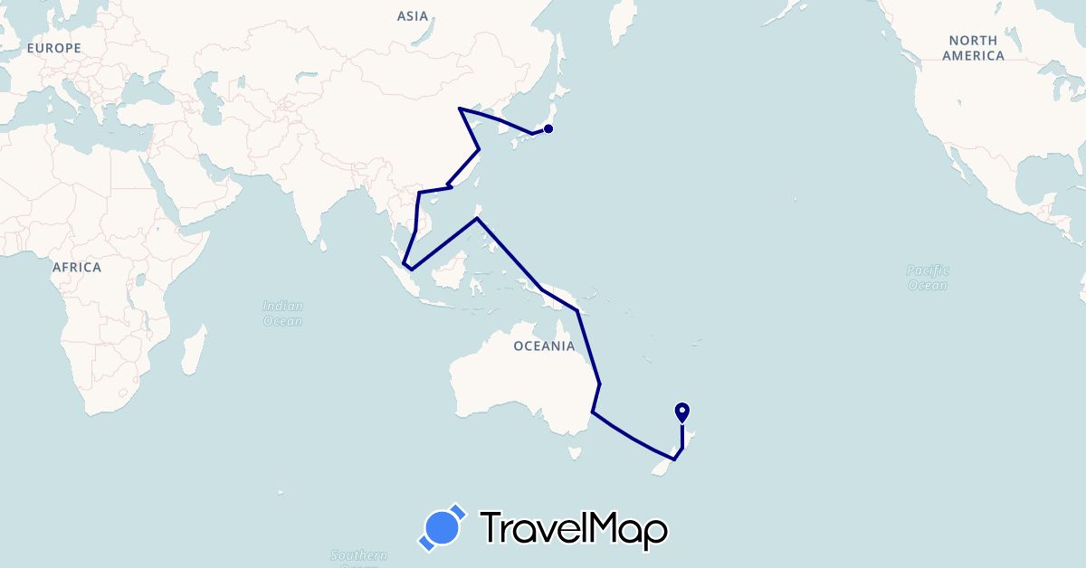 TravelMap itinerary: driving in Australia, China, Hong Kong, Indonesia, Japan, Cambodia, South Korea, Laos, Malaysia, New Zealand, Papua New Guinea, Philippines, Singapore, Vietnam (Asia, Oceania)